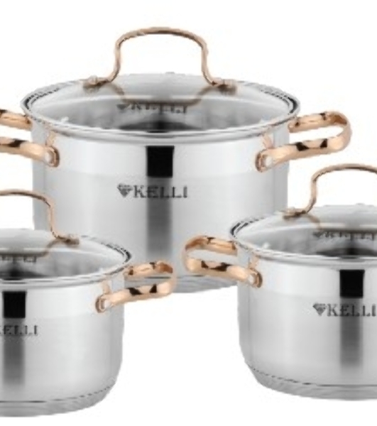 Набор посуды Kelli KL-4214 6 пред.(Кастрюля с жаропрочной стекл. крышкой 2.1 л. Кастрюля с жаропрочной стекл. крышкой 3 л. Кастрюля с жаропрочной стекл. крышкой 4 л. Мерная шкала внутри. Высококачественная нержавеющая сталь 18/10. 5-ти слойное капсульное дно.)