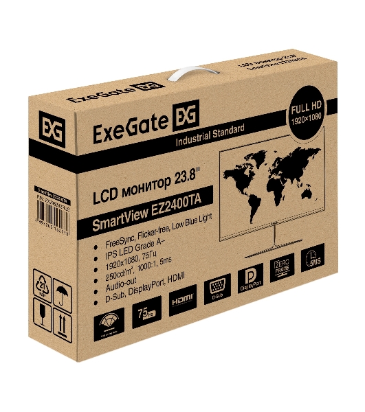 Монитор 23.8' ExeGate SmartView EZ2400TA IPS 1920x1080, 75 Гц, 5 мс, 16:9, 250 кд/м2, 1xHDMI, 1хDP, 1x3.5 мм, черный