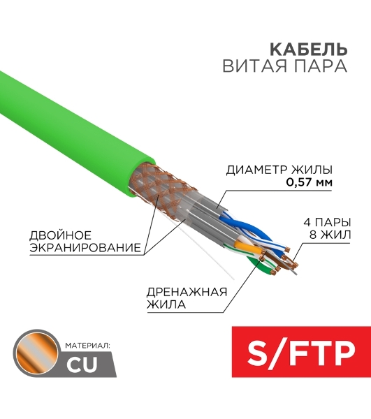Кабель витая пара S/FTP, CAT 6A, PVC LS нг(А)-LSLTx, 4х2х0,575 мм, 23AWG, внутренний, однопроволочный, зеленый, 305м REXANT ПРОЕКТ