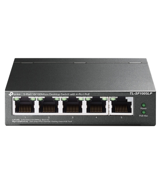 Коммутатор 5-Port 10/100Mbps Unmanaged Switch with 4-Port PoE, meta case, desktop mount, PoE budget 41W.
