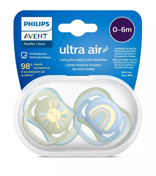 Пустышка Philips ultra air, солнышко/радуга, для мальчиков, 0-6 мес., 2 шт.