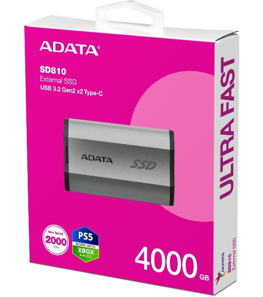 Внешний SSD ADATA SD810, 4Tb, USB 3.2 Gen 2x2 Type-C, R/W 2000/2000, серебристый