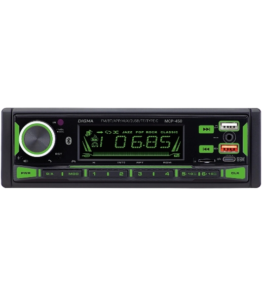 Автомагнитола Digma MCP-450, 1 DIN, Bluetooth, USB Type-A, AUX, пульт ДУ