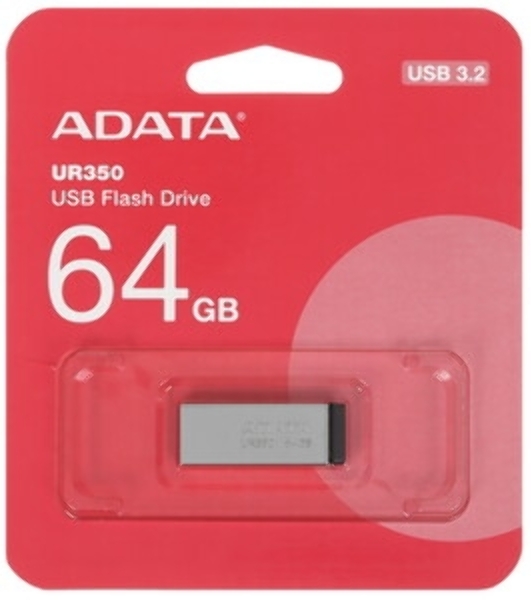Флешка USB ADATA UR350 (UR350-64G-RSR/BK), 64Gb, USB 3.2, R/W 100/15, серебристый/черный