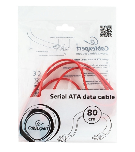 Кабель интерфейсный SATAIII Cablexpert CC-SATAM-DATA-0.8M, 80 см, 7pin/7pin, защелка, пакет