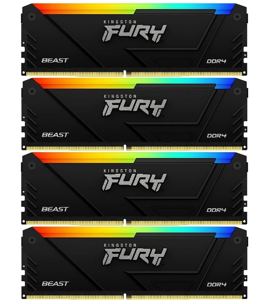 Оперативная память Kingston Fury Beast, DDR4, 64Gb (4x16Gb), 3200MHz, CL16, DIMM, с радиатором, RGB, черный