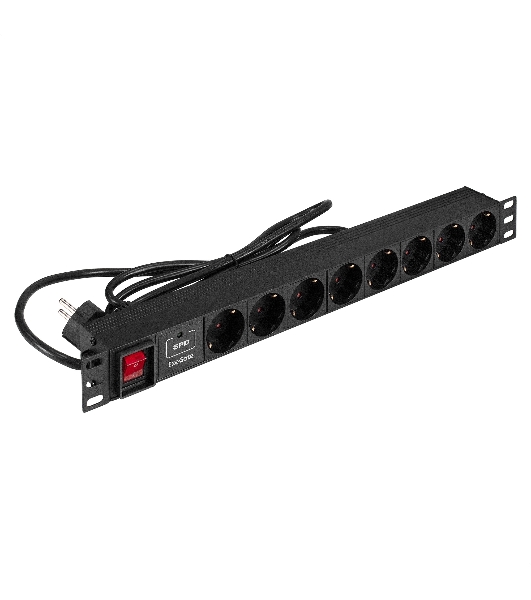 Блок розеток с сетевым фильтром (Surge Protect) и выключателем с подсветкой ExeGate ServerPro PDU-19H804 Al-8S-EU2.5CU-SW-SPD1 (19', 1U, Алюминий, 8 Schuko, кабель с евровилкой VDE-250V-16A-3*1.5мм2, медь, 2.5 метра, выкл. с подсветкой, SPD1, черный, RTL)