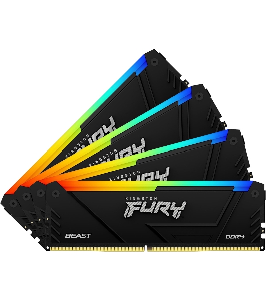 Оперативная память Kingston Fury Beast, DDR4, 64Gb (4x16Gb), 3200MHz, CL16, DIMM, с радиатором, RGB, черный