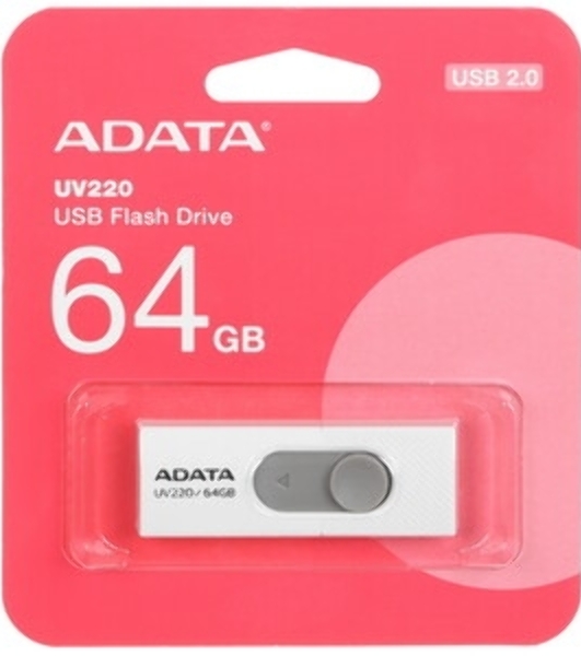 Флешка USB ADATA UV220 (AUV220-64G-RWHGY), 64Gb, USB 2.0, R/W 15/5, белый/серый