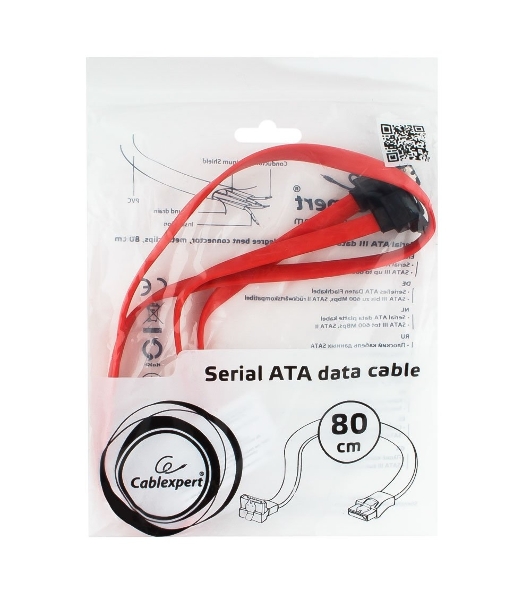 Кабель интерфейсный SATA Cablexpert CC-SATAM-DATA90-0.8M, 80 см, угловой разъем, 7pin/7pin, защелка, пакет