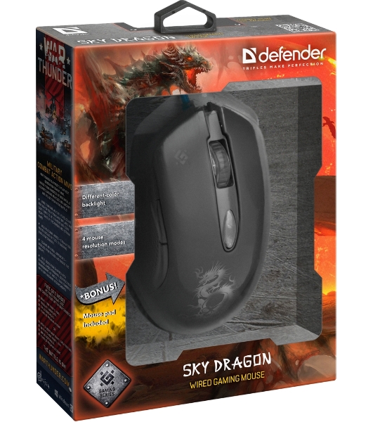 Мышь проводная Defender Sky Dragon GM-090L черный, 3200 dpi, USB, кнопки - 6