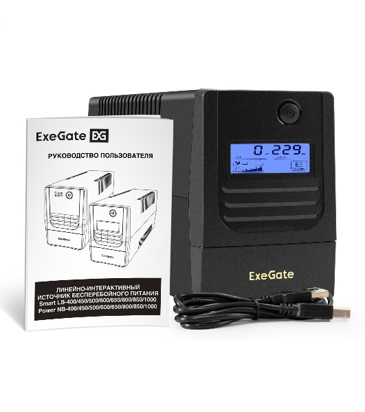 Источник бесперебойного питания ExeGate Smart LB-650.LCD.AVR.2SH.USB (650VA/390W, LCD, AVR, 2*Schuko, USB, батарея 12V 7Ah, черный)