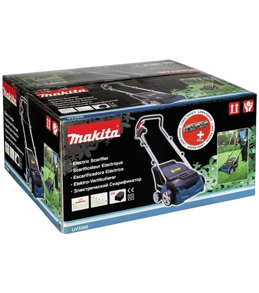 Газонокосилки Makita UV3200 Скарификатор, 1300Вт,32см,3500об\мин,5уров(-10+10мм),30л,нож-фреза,12кг,кор