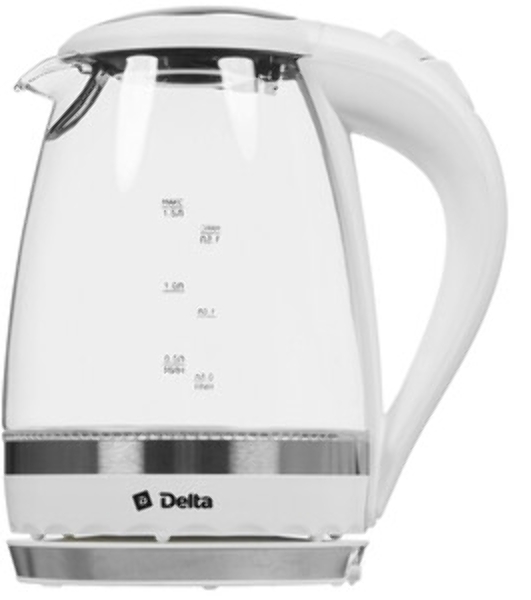 Чайник электрический Delta DL-1202 корпус из жаропрочного стекла, белый, 2200Вт, 1,5л