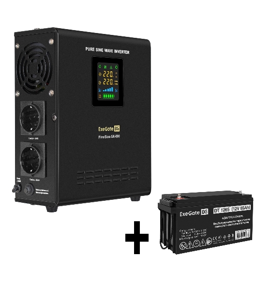 Комплект Источник бесперебойного питания EX295996RUS + батарея 65Aч EX282980RUS 1шт ExeGate FineSine SX-800.LCD.AVR.2SH + батарея ExeGate DT 1265 (12В, 65Ач) 1шт