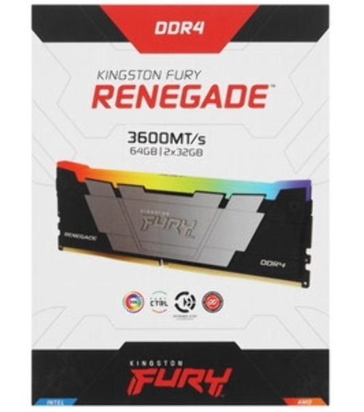 Оперативная память Kingston Fury Renegade, DDR4, 64GB (4x16GB), 3600MHz, CL16, DIMM, с радиатором, RGB, серебристый/черный