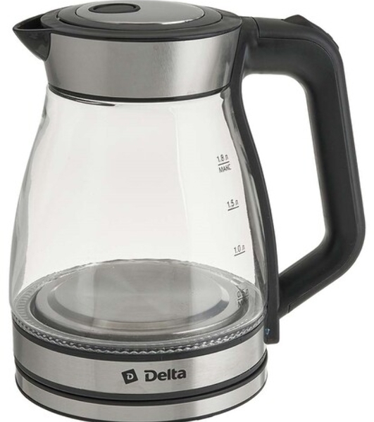 Чайник электрический DELTA DL-1124 корпус из жаропр. стекла, 1500Вт, 1,8л, черный (12)