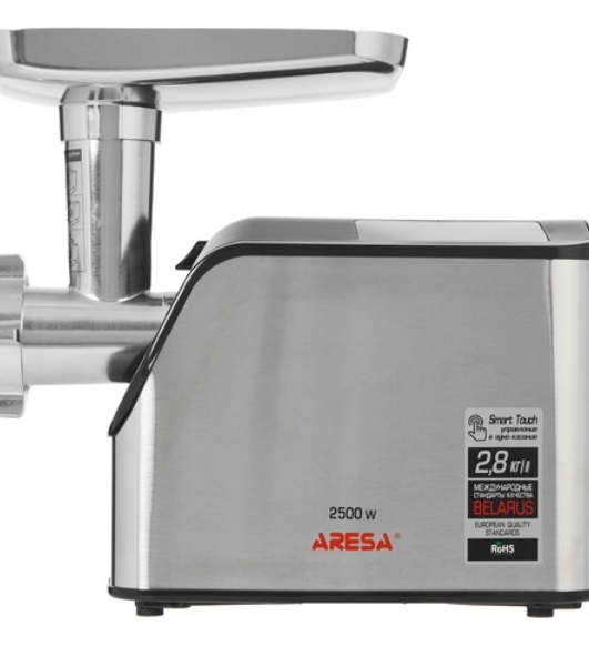 Мясорубка электрическая ARESA AR-2107 серебристый, 2500 Вт, 2.8 кг/мин, реверс, защита от перегрузки, насадки - 5