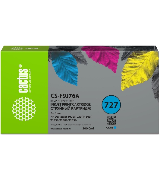 Картридж струйный Cactus CS-F9J76A 727 голубой (300 мл) для HP DJ T920/T930/T1500/T1530/T2500/T2530