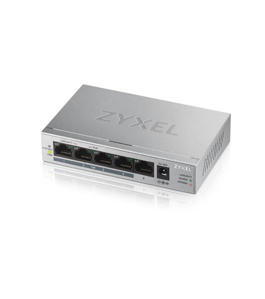 Коммутатор Zyxel GS1005HP Switch PoE +, 5xGE (4xPoE +), desktop, metal, silent, PoE budget 60 W