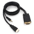 Кабель HDMI->VGA Cablexpert A-HDMI-VGA-03-6, 19M/15M + 3.5Jack, медь, позол.разъемы, 1.8м, черный, пакет, фото 1