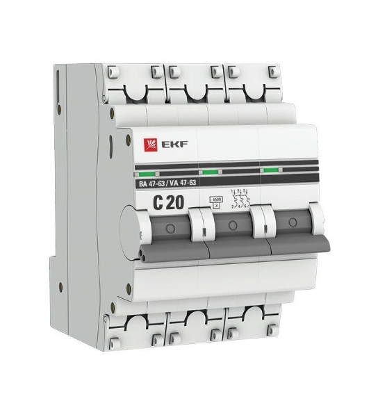 Выключатель автоматический EKF mcb4763-3-20C-pro 3P 20А (C) 4,5kA ВА 47-63 EKF PROxima