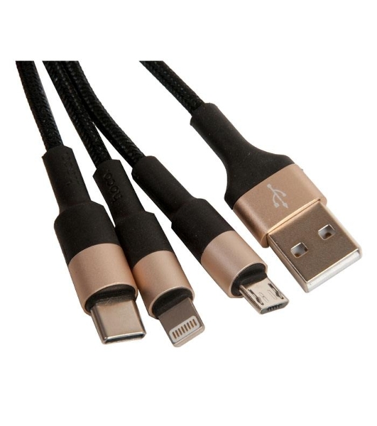Кабель USB HOCO X26 Xpress 3 в 1 для Lightning, Micro USB, Type-C, 2.0A, длина 1.0м, черный с золотым