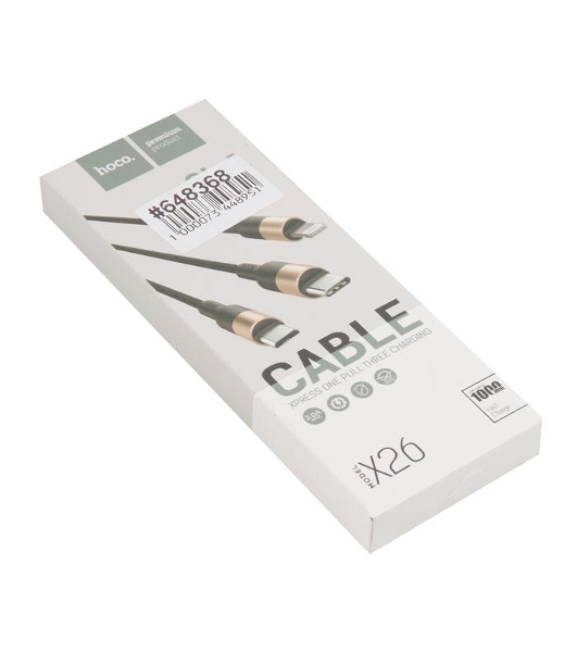 Кабель USB HOCO X26 Xpress 3 в 1 для Lightning, Micro USB, Type-C, 2.0A, длина 1.0м, черный с золотым