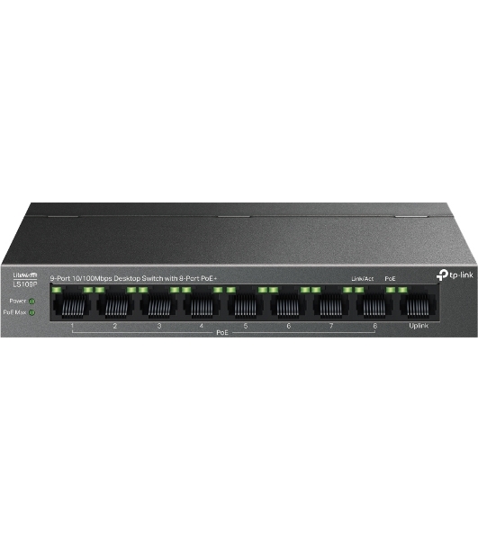 Коммутатор настольный TP-Link LS109P с 9 портами 10/100 Мбит/с (8 портов PoE+)