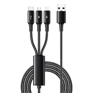 Кабель Rexant USB 3в1 Type-С (6A), Lightning (2,4A), micro USB (3A) 1,2м, в черной оплетке