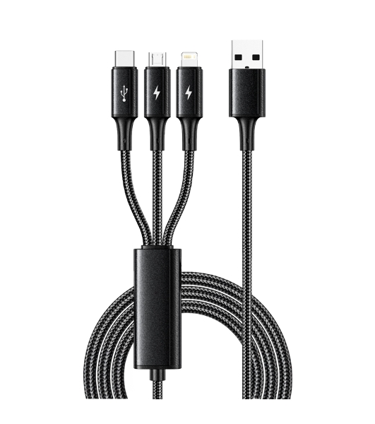 Кабель Rexant USB 3в1 Type-С (6A), Lightning (2,4A), micro USB (3A) 1,2м, в черной оплетке