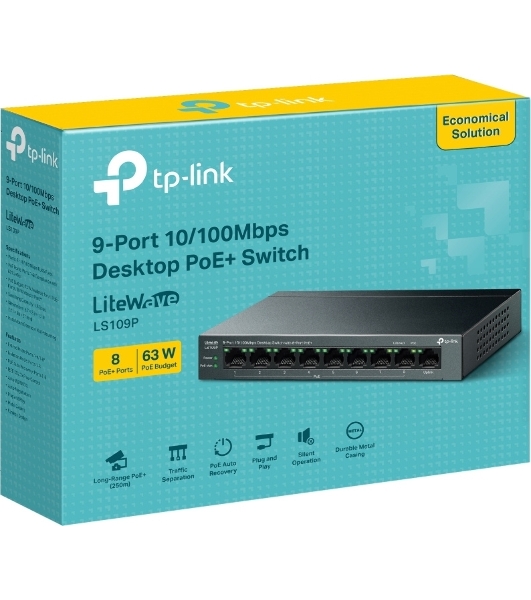 Коммутатор настольный TP-Link LS109P с 9 портами 10/100 Мбит/с (8 портов PoE+)