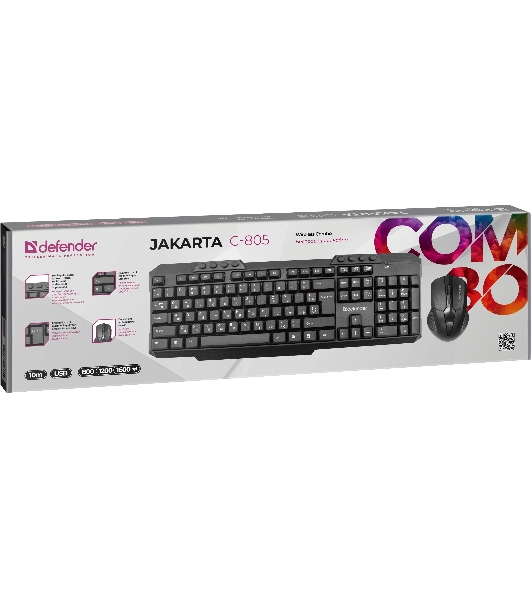 Комплект клавиатура+мышь Defender Jakarta C-805 беспроводной, USB, 1600 DPI, чёрный