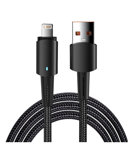 Кабель Rexant USB-A - Lightning для Apple, 2,4А, 1м, в черной нейлоновой оплетке, со световой индикацией