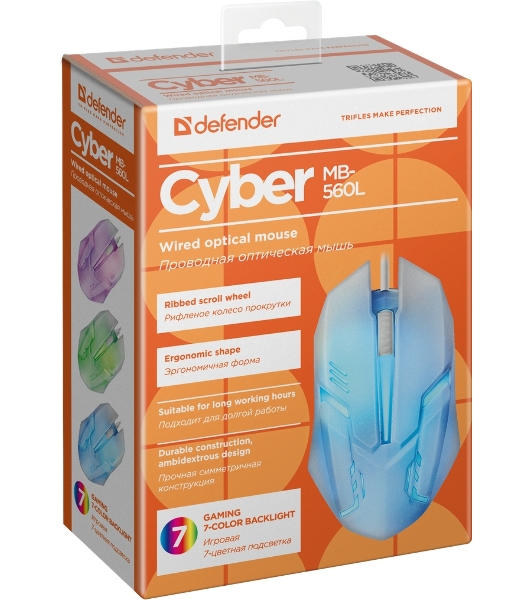 Мышь проводная Defender Cyber MB-560L белый, 1200 dpi, USB, кнопки - 3