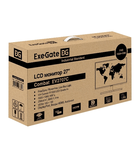 Монитор 27' ExeGate Combat EV2707C VA 1920x1080, 165 Гц, 1 мс, 16:9, 250 кд/м2, 1xHDMI, 1xDP, USB, 1x3.5 мм, черный
