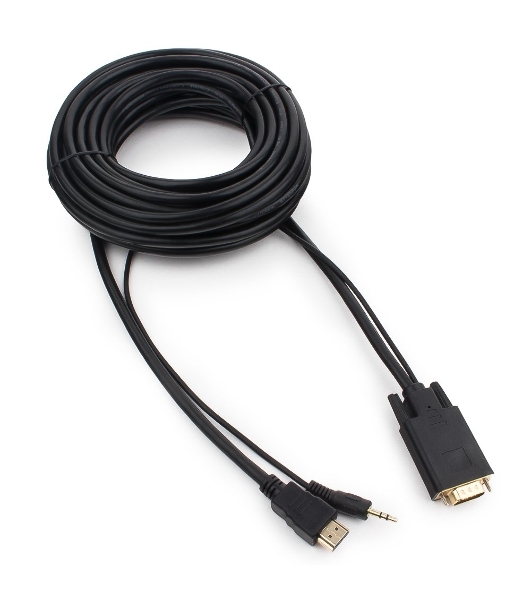 Кабель HDMI->VGA Cablexpert A-HDMI-VGA-03-10M, 19M/15M + 3.5Jack, медь, позол.разъемы, 10м, черный, пакет