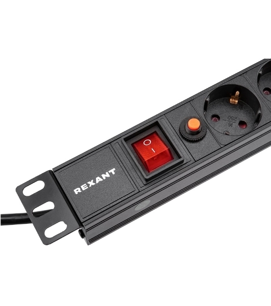 Блок распределения питания Rexant для 19' шкафов, горизонтальный, 6 розеток СЕЕ 7/4, 16A, фильтр, выкл, алюм корп, шнур 2м, вилка СЕЕ 7/7