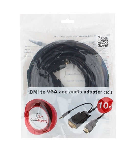 Кабель HDMI->VGA Cablexpert A-HDMI-VGA-03-10M, 19M/15M + 3.5Jack, медь, позол.разъемы, 10м, черный, пакет