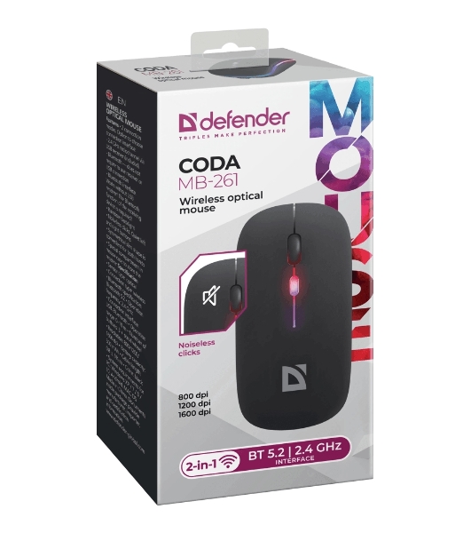 Мышь беспроводная Defender Coda MB-261 черный, 1600 dpi, радиоканал, Bluetooth, USB, кнопки - 4