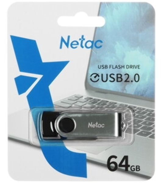 Флешка USB Netac U505 (NT03U505N-064G-20BK), 64Gb, USB 2.0, R/W 70/30, черный/серебристый