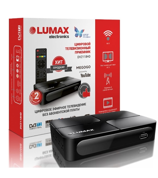Приставка для цифрового ТВ LUMAX DV2118HD черный, DVB-T2, DVB-T, DVB-C, HDMI, USB 2.0
