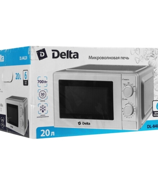 Микроволновая печь Delta DL-84L20 белый, 20 л, 700 Вт, переключатели - поворотный механизм