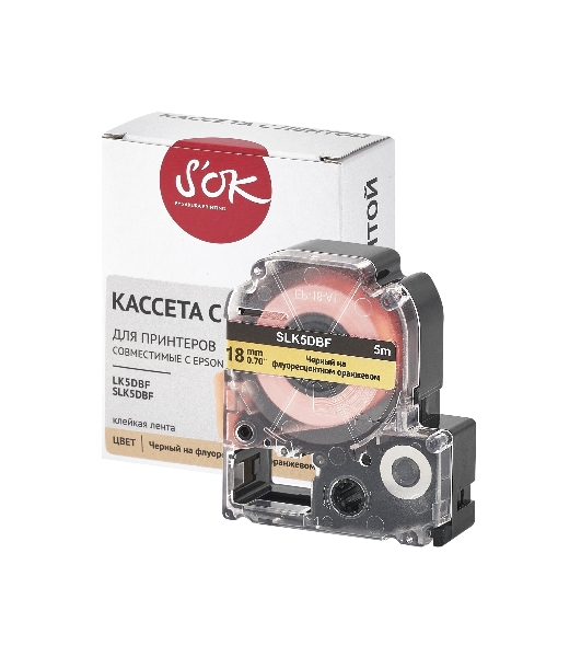 Кассета с лентой S'OK by Sakura Printing K5DBF для Epson, черный на флуоресцентном оранжевом, 18мм/5м