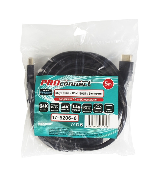 Кабель Proconnect Шнур HDMI - HDMI gold 5М с фильтрами (PE bag)