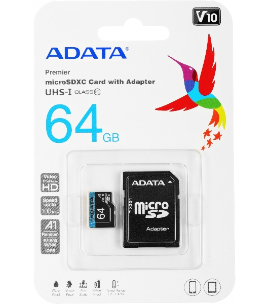 Флеш карта microSD 64Gb ADATA microSDHC Class 10 UHS-I A1 100/25 MB/s (SD адаптер)