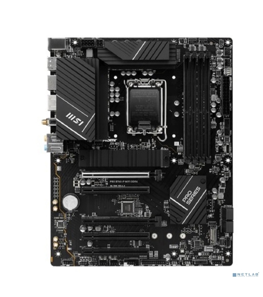 Материнская плата MSI PRO B760-P WIFI DDR4, LGA 1700, Intel B760, 4xDDR4, 4xSATA, 2xM.2, 1xPCIe 4.0 x16, 1xPCIe 4.0 x4, 3xPCIe 3.0 x1, 1xHDMI, 1xDP, 1xRJ45 2.5Gb, Wi-Fi 6E, Bluetooth 5.3, 1xUSB-C 3.2 Gen 2, 2xUSB-A 3.2 Gen 2, 4xUSB-A 2.0, 5x3.5мм, TOSLINK, 7.1, Standard-ATX