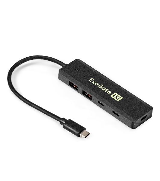 USB-концентратор 4-в-1 ExeGate DUB-2C2P/10G (кабель-адаптер USB 3.2 Gen2 Type C --> 2xUSB3.2 Gen2 Type-A (10G)/2xUSB3.2 Gen2 Type-C (10G), SuperSpeed+ USB 10Gbps, Plug&Play, черный)