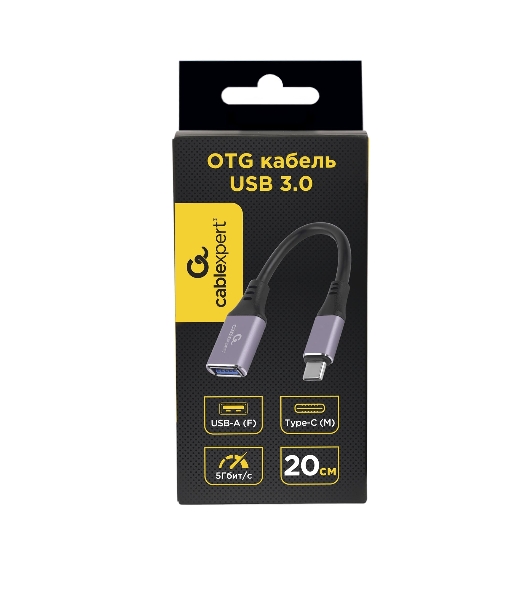 Кабель-переходник USB3.0 OTG Cablexpert A-USB3C-OTGAF-02, Type-C(M)/AF, 0.2м, алюминий, коробка