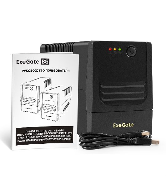 Источник бесперебойного питания ExeGate Power NB-1000.LED.AVR.2SH.USB (1000VA/650W, LED, AVR, 2*Schuko, USB, батарея 12V 9Ah, черный)